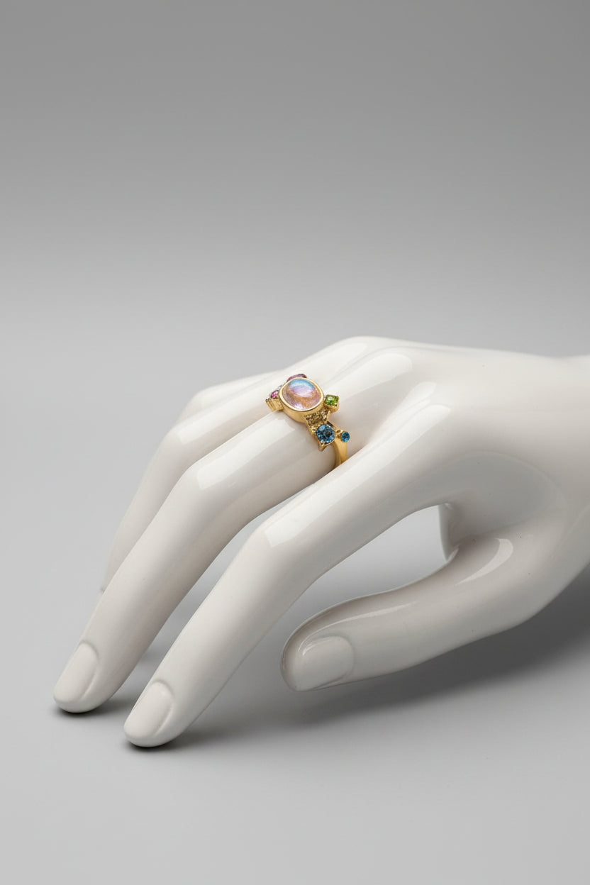 Ring - Luminous Oval Stone with Colorful Accent Gems