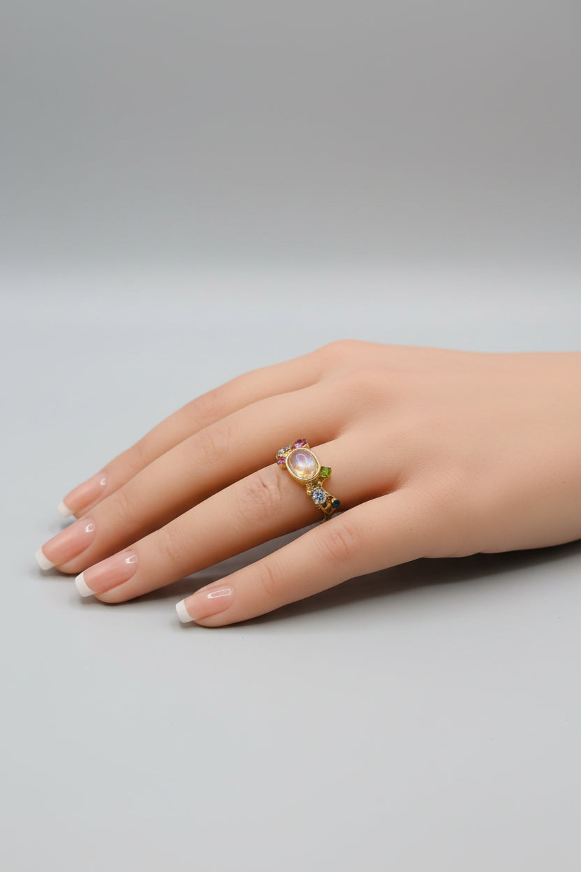 Ring - Luminous Oval Stone with Colorful Accent Gems