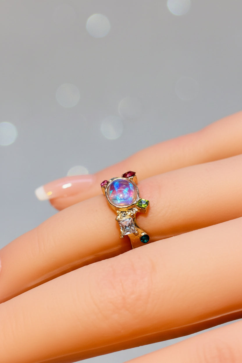 Ring - Luminous Oval Stone with Colorful Accent Gems