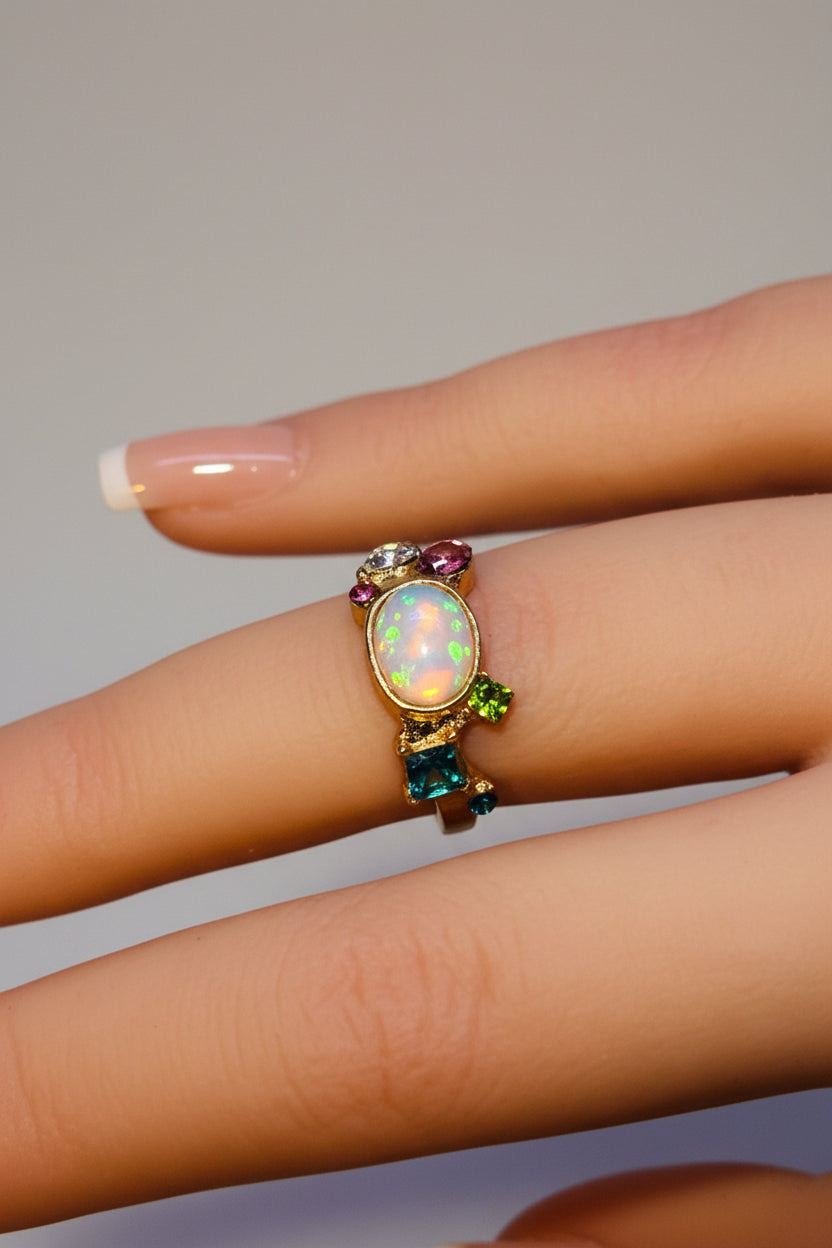 Ring - Luminous Oval Stone with Colorful Accent Gems