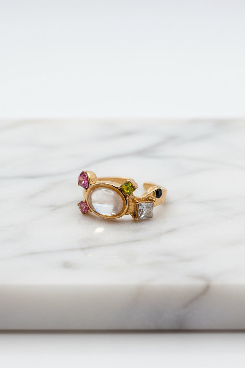 Ring - Luminous Oval Stone with Colorful Accent Gems