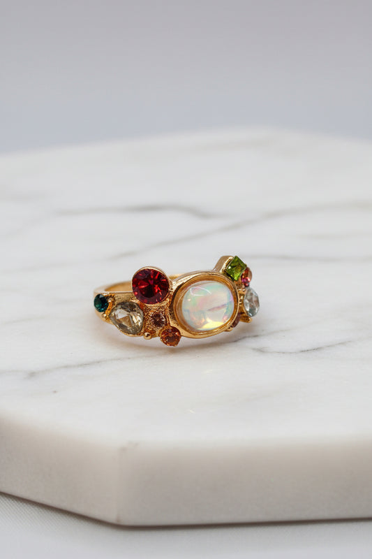 Ring - Luminous Oval Stone with Colorful Accent Gems