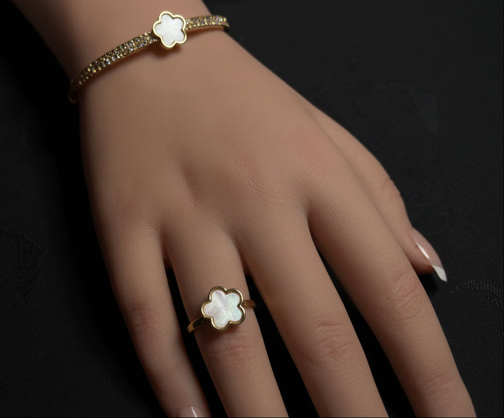 White Flower Link Bracelet, Rhinestone Bangle, Flower Ring