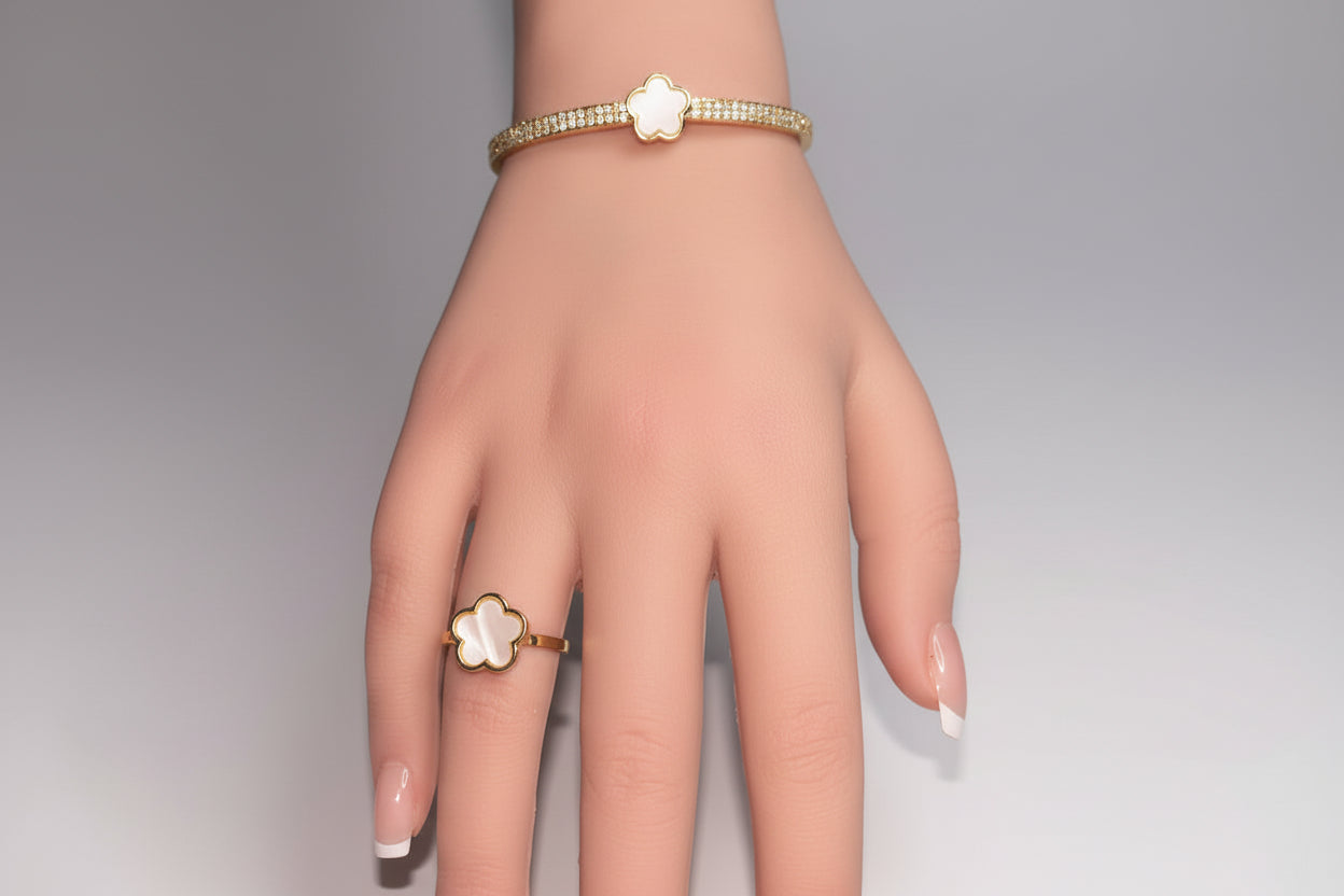 White Flower Link Bracelet, Rhinestone Bangle, Flower Ring