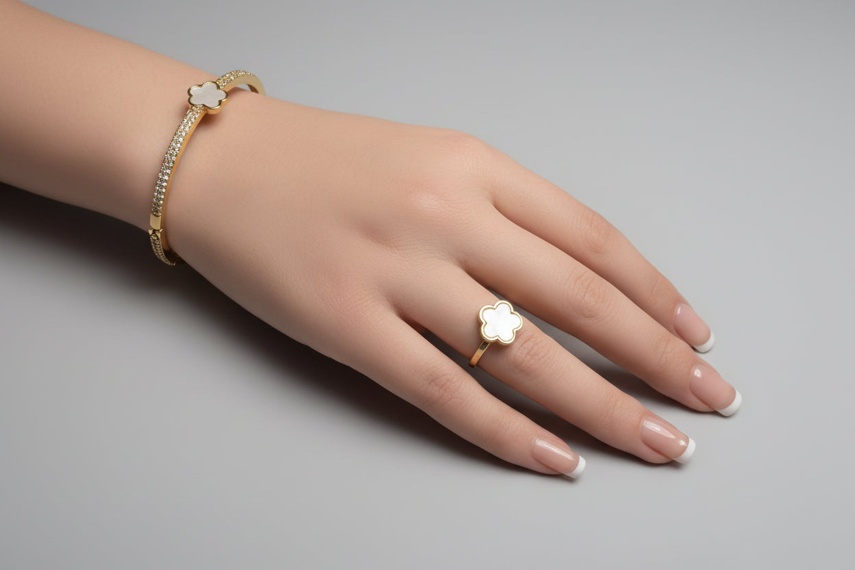 White Flower Link Bracelet, Rhinestone Bangle, Flower Ring