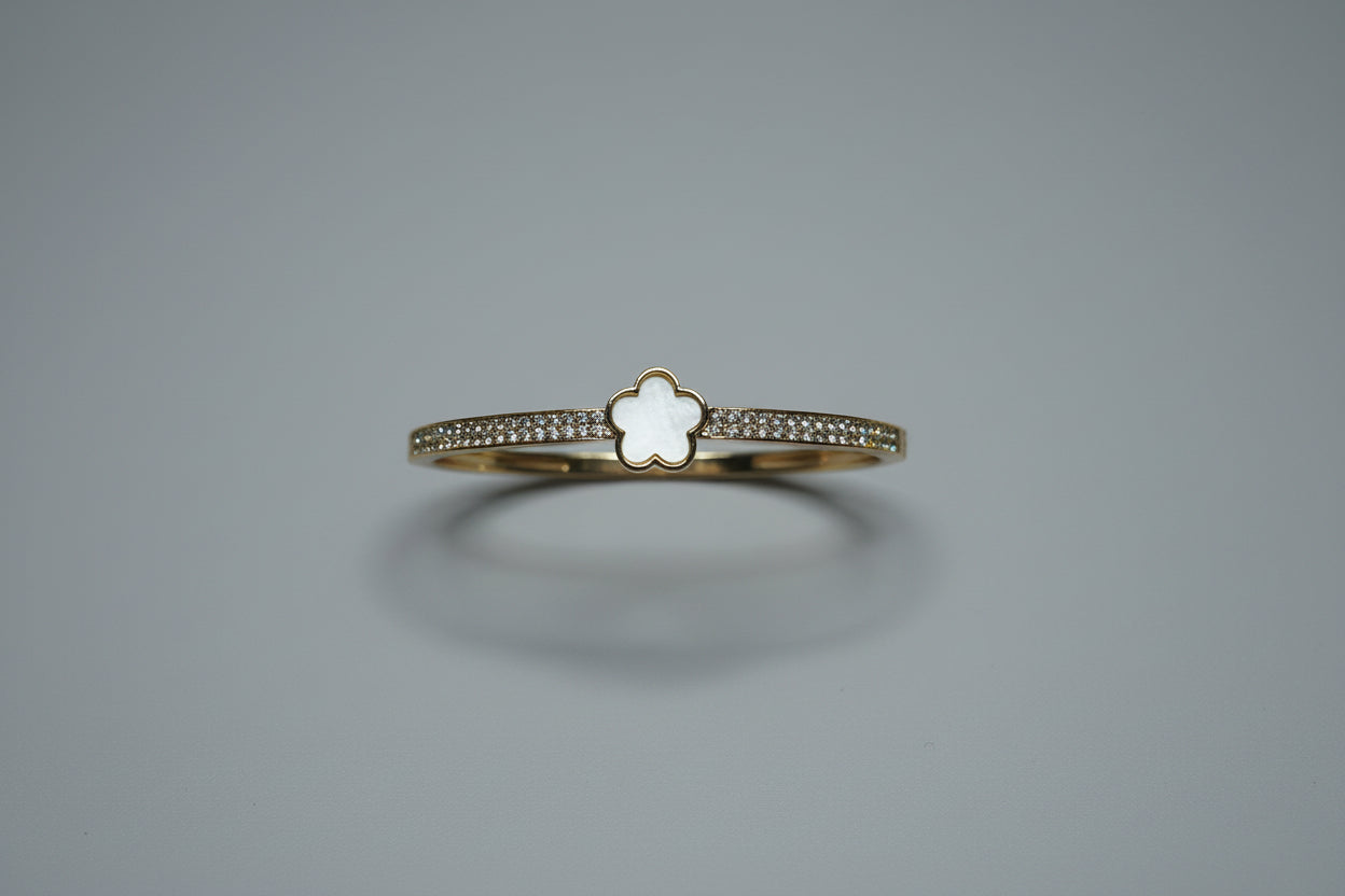 White Flower Link Bracelet, Rhinestone Bangle, Flower Ring