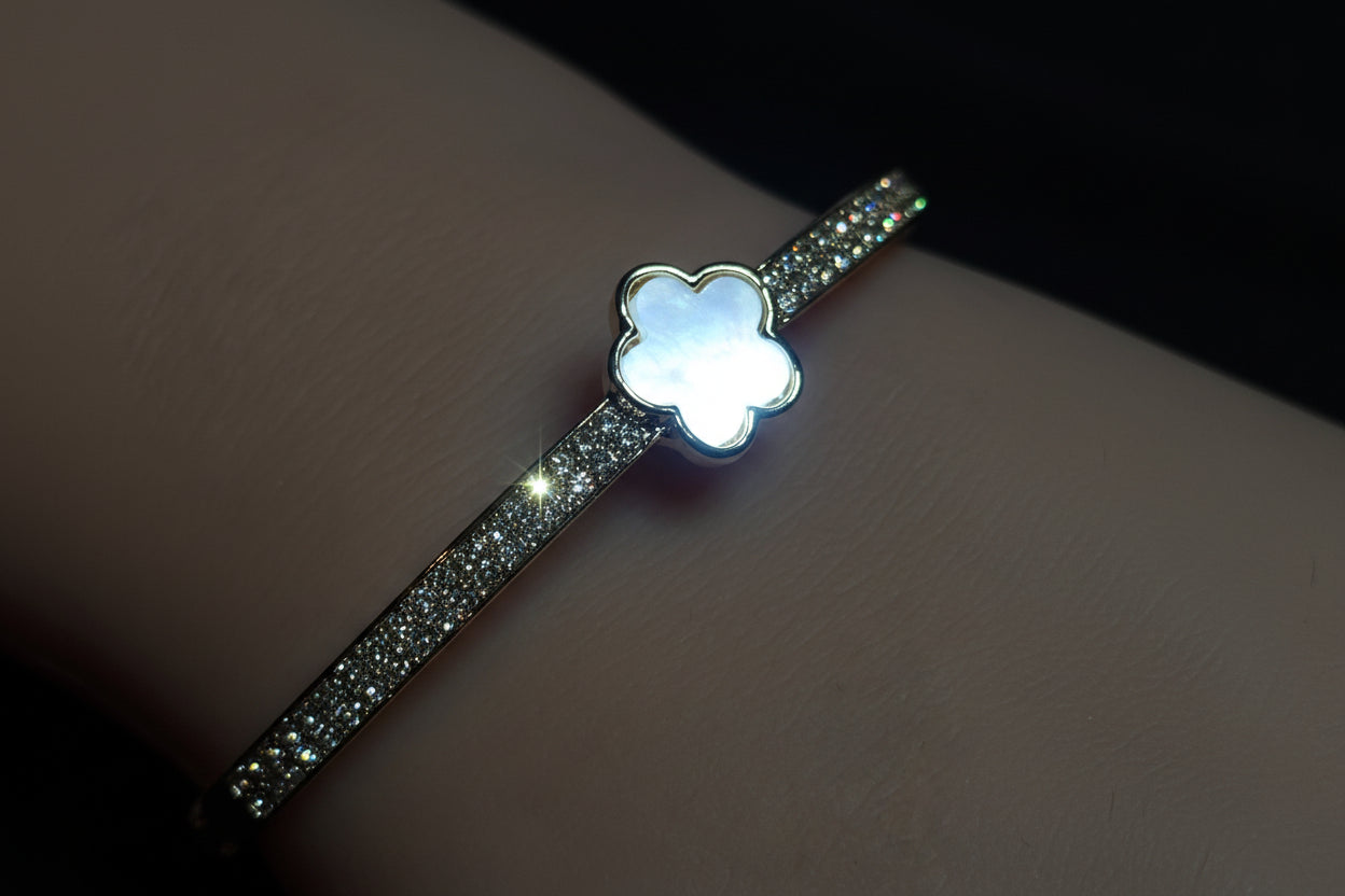 White Flower Link Bracelet, Rhinestone Bangle, Flower Ring