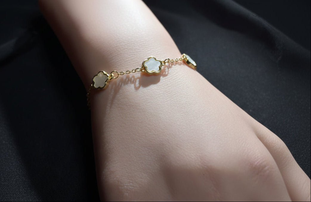 White Flower Link Bracelet, Rhinestone Bangle, Flower Ring