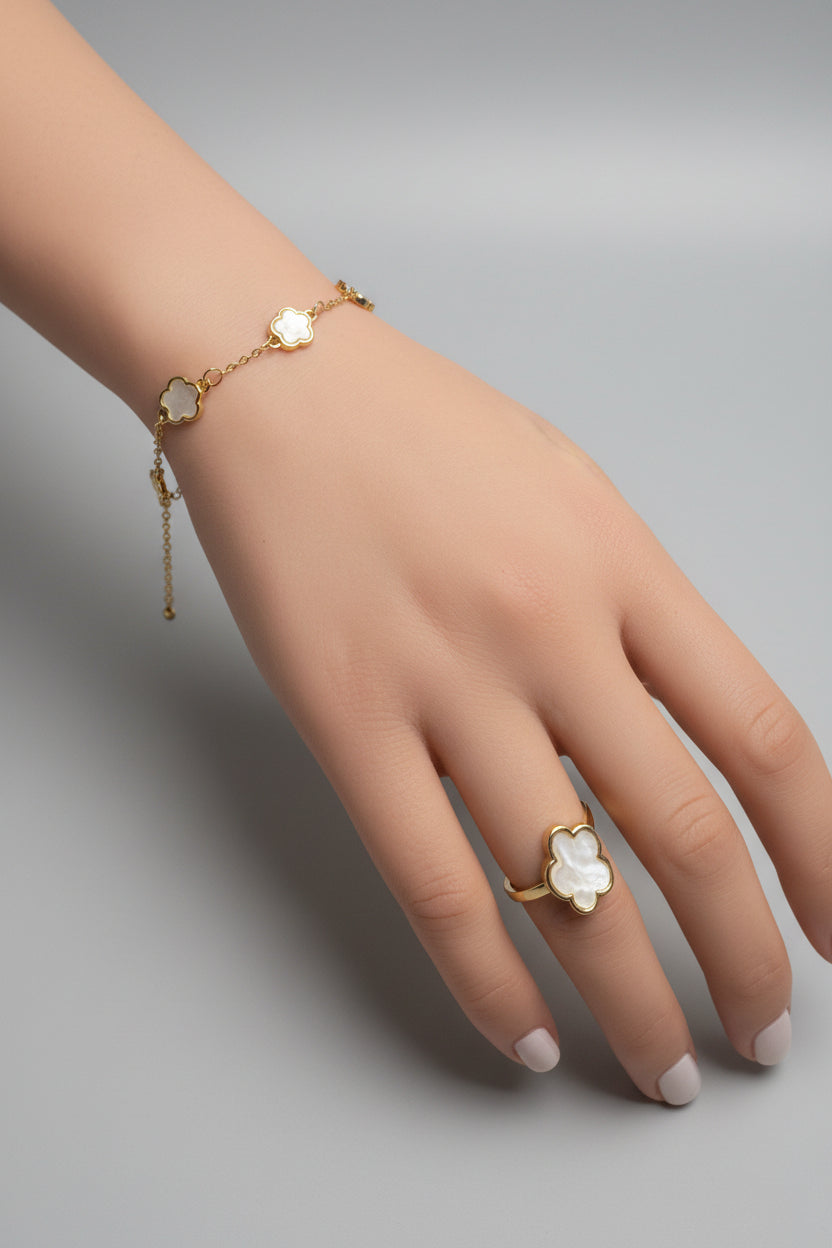 White Flower Link Bracelet, Rhinestone Bangle, Flower Ring