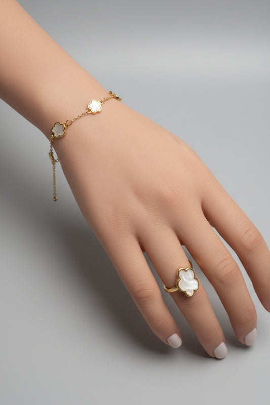 White Flower Link Bracelet, Rhinestone Bangle, Flower Ring