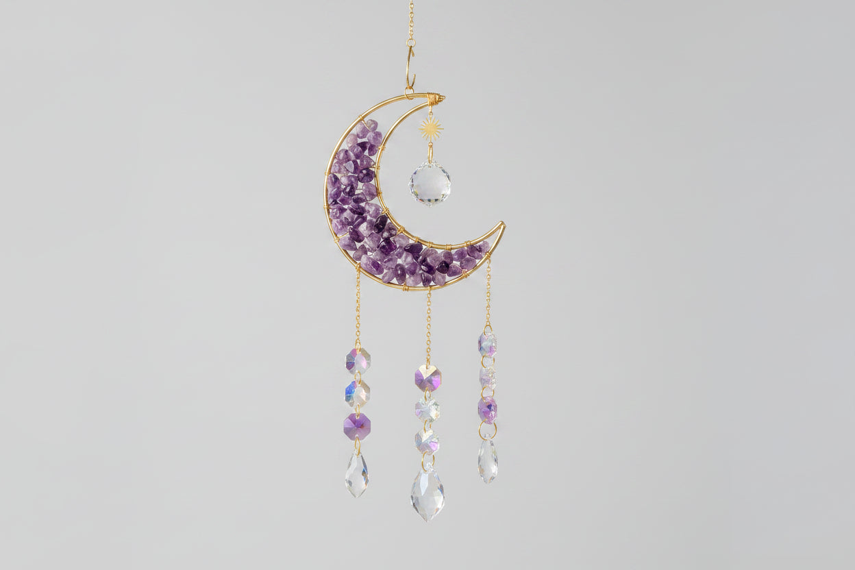 Crystal Moon Hanging Suncatchers - 18" Available in Obsidian, Green Aventurine, Rose Quartz, Amethyst, or Citrine