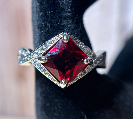 Ring Size 7.5 Simulated Ruby and Diamond accent
