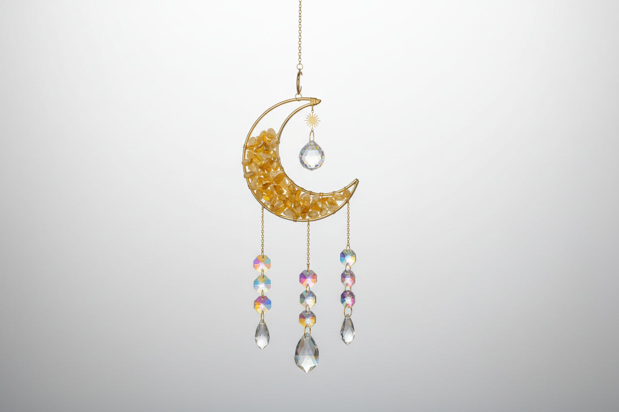 Crystal Moon Hanging Suncatchers - 18" Available in Obsidian, Green Aventurine, Rose Quartz, Amethyst, or Citrine