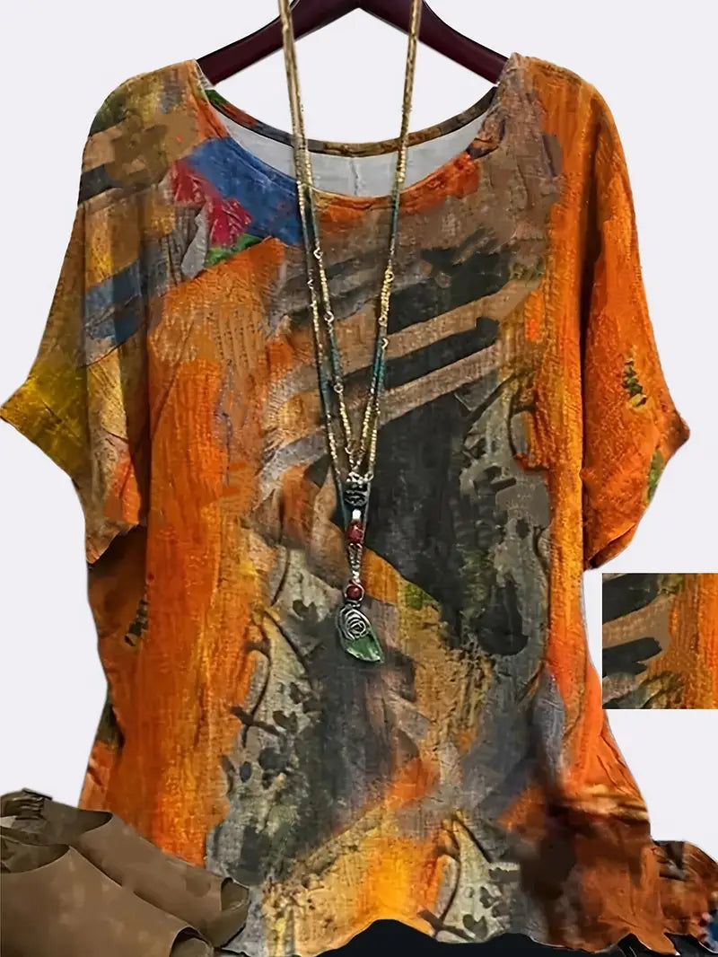 Blouse - Women's - Orange Multi - Short Sleeve - 3X