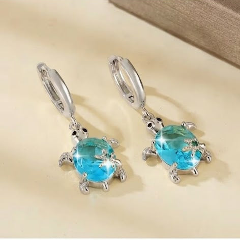 Earrings - Silver Tone Sea Turtle with Blue Crystal Body