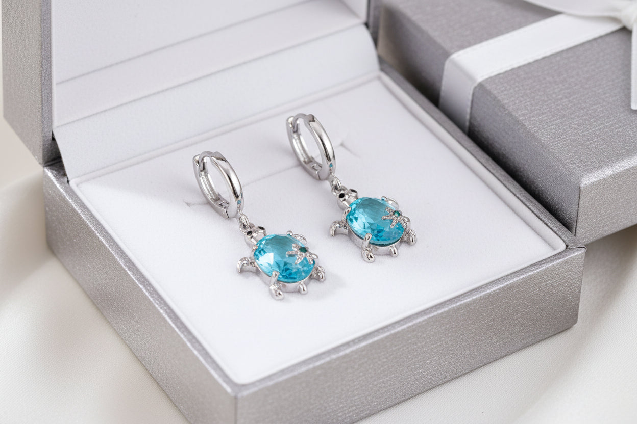 Earrings - Silver Tone Sea Turtle with Blue Crystal Body