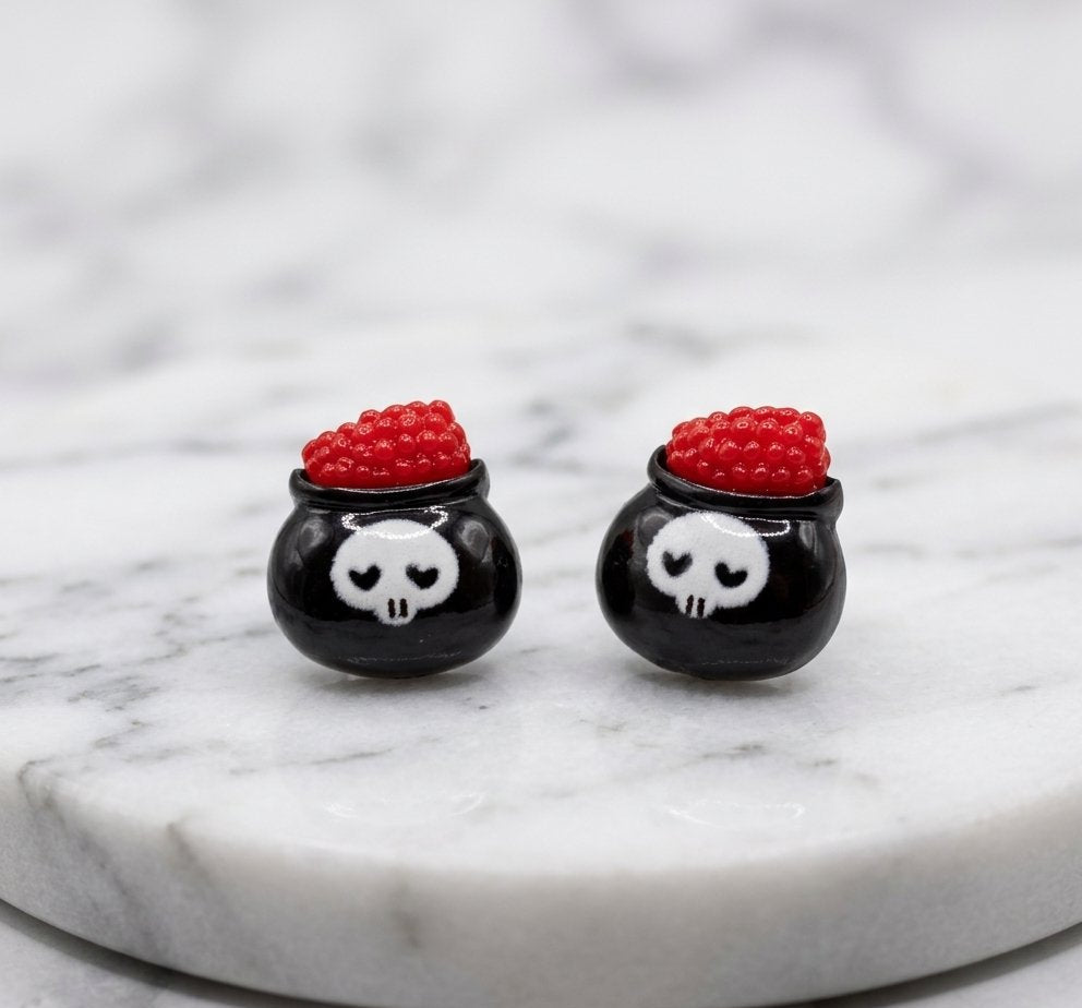 Earrings - Red & Black -  Bubbling Cauldron - Studded - Handmade