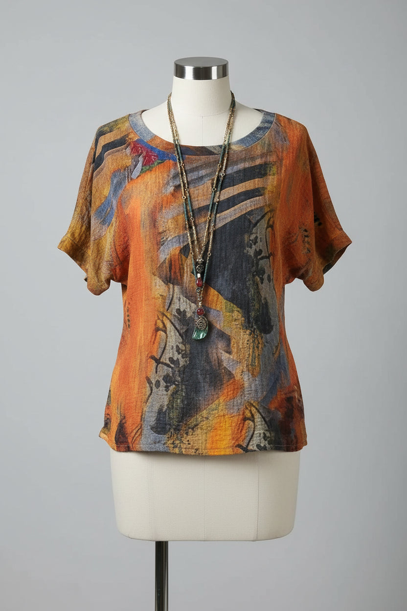Blouse - Women's - Orange Multi - Short Sleeve - 3X