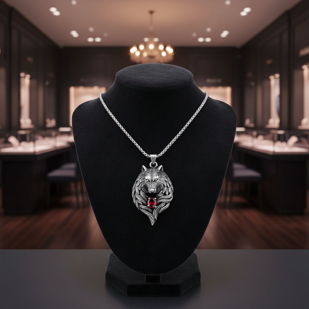 Necklace - Fenrir Viking Wolf Head - Stainless Steel Chain with Red Gem Medallion