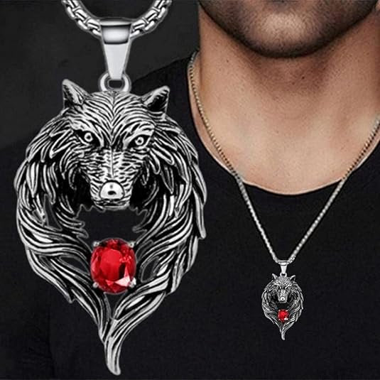 Necklace - Fenrir Viking Wolf Head - Stainless Steel Chain with Red Gem Medallion