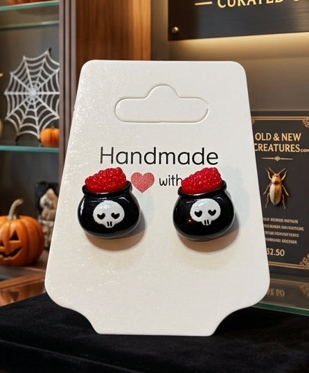 Earrings - Red & Black -  Bubbling Cauldron - Studded - Handmade