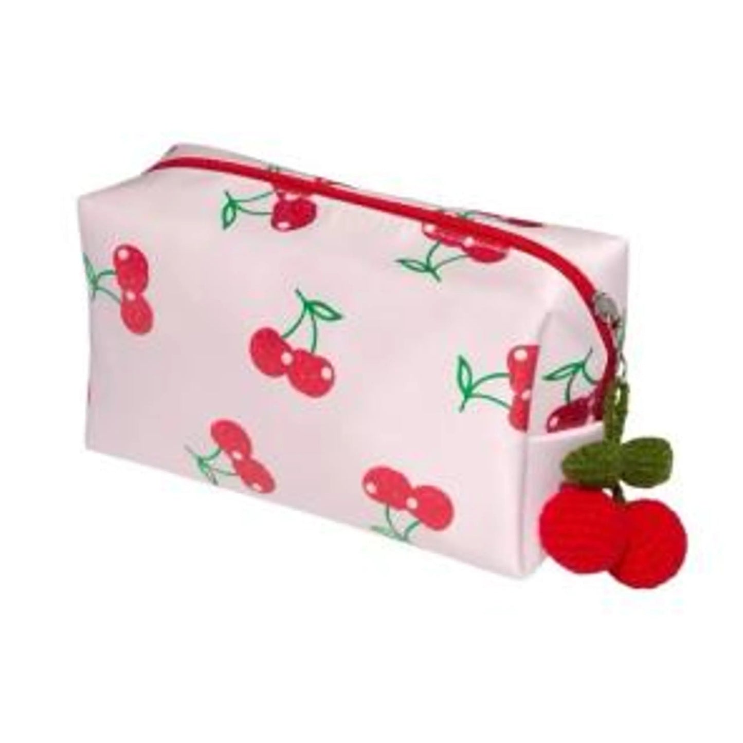 Makeup Bag - Satin Pink with Glitter Cherries -  Knitted Cherry Tassel Zipper Pull