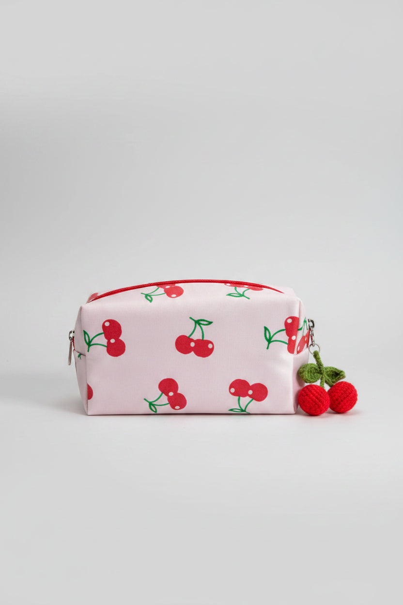 Makeup Bag - Satin Pink with Glitter Cherries -  Knitted Cherry Tassel Zipper Pull