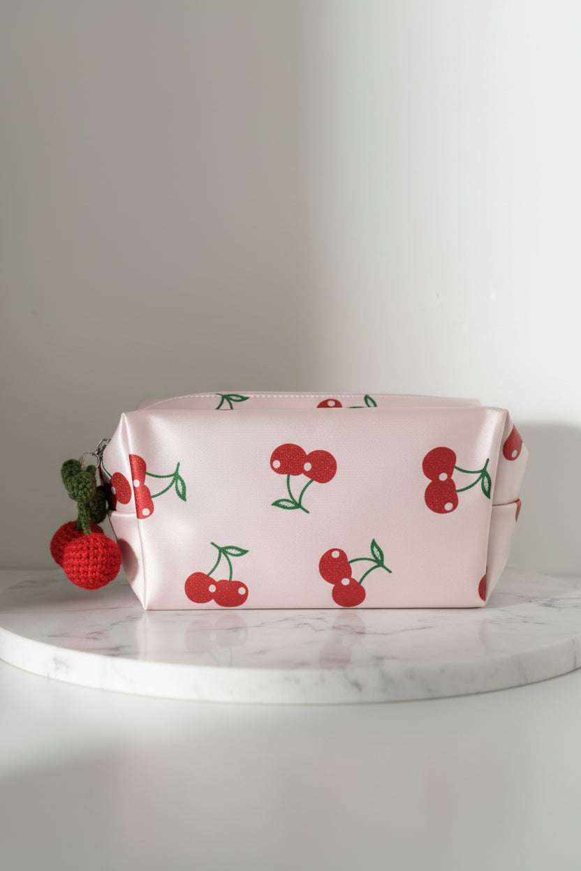 Makeup Bag - Satin Pink with Glitter Cherries -  Knitted Cherry Tassel Zipper Pull
