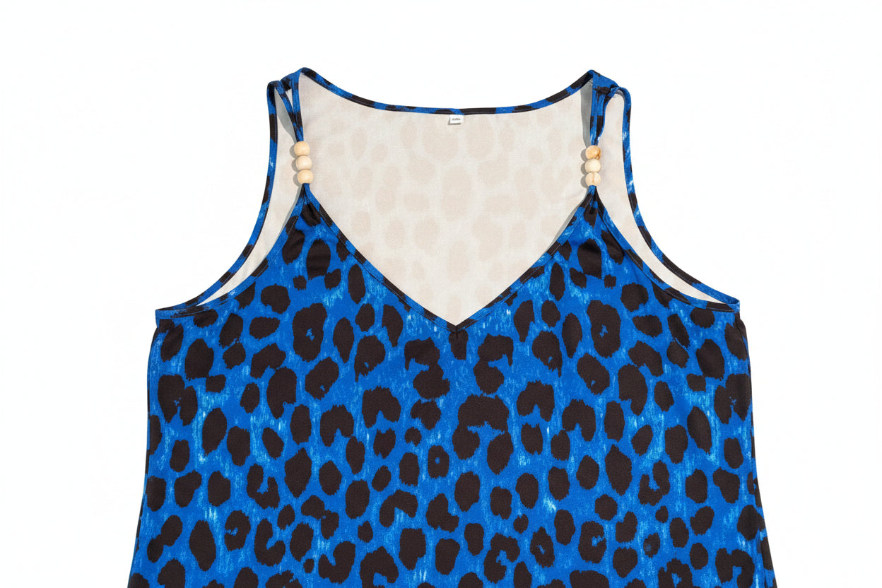 Spaghetti Strap - Blue Animal Print with Wooden Ball Decor on Straps - 1X