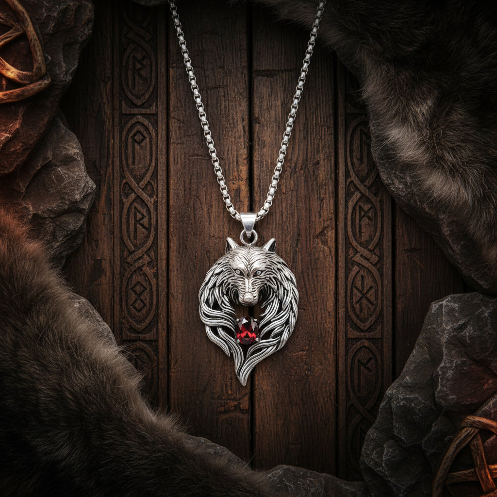 Necklace - Fenrir Viking Wolf Head - Stainless Steel Chain with Red Gem Medallion
