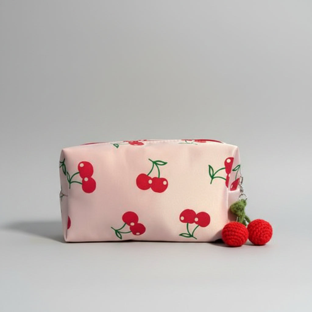 Makeup Bag - Satin Pink with Glitter Cherries -  Knitted Cherry Tassel Zipper Pull
