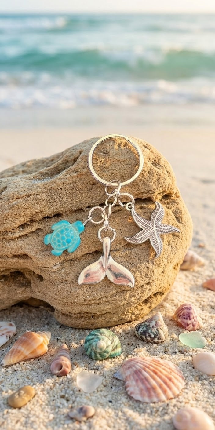 Keychain - Ocean Themed - Featuring Sea Turtle, Whale's Tail, & Starfish