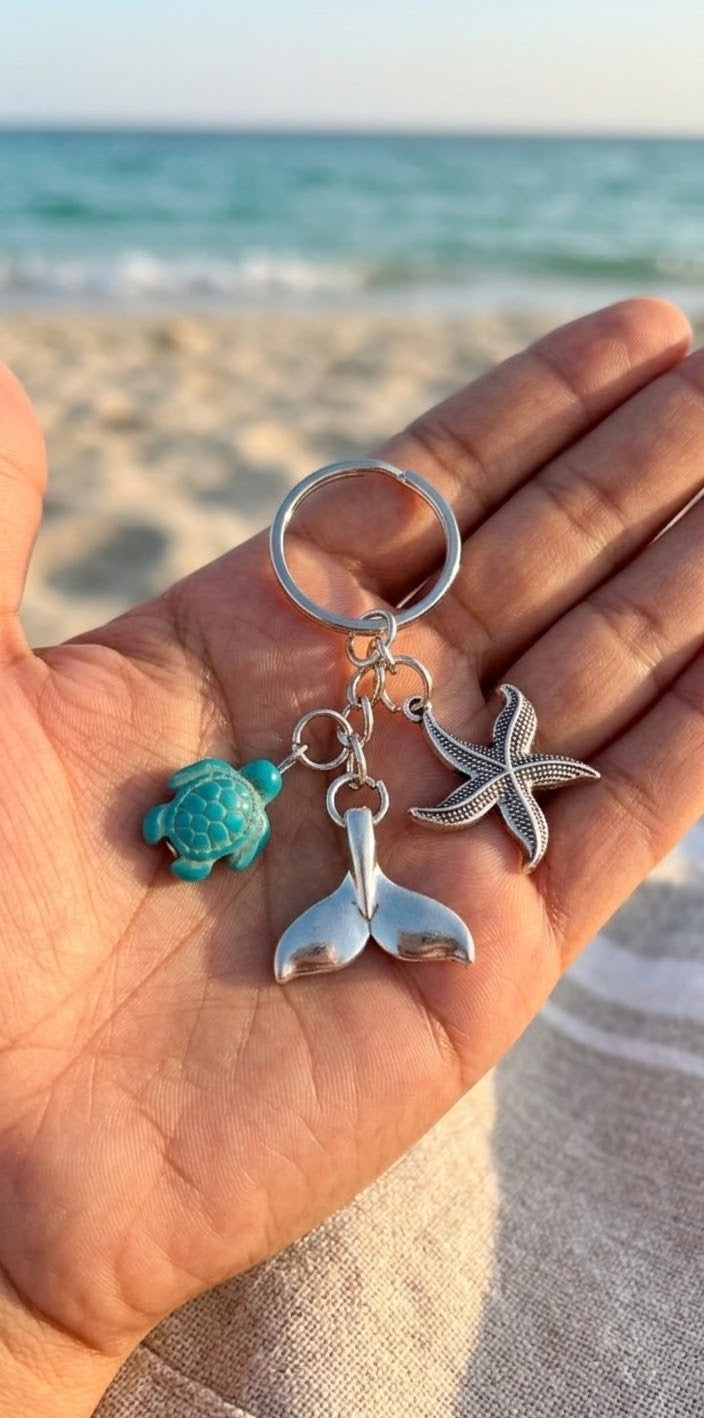 Keychain - Ocean Themed - Featuring Sea Turtle, Whale's Tail, & Starfish