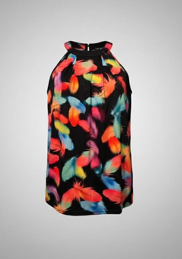 Blouse - Bold Feather Print - Sleeveless, Keyhole back - XXL