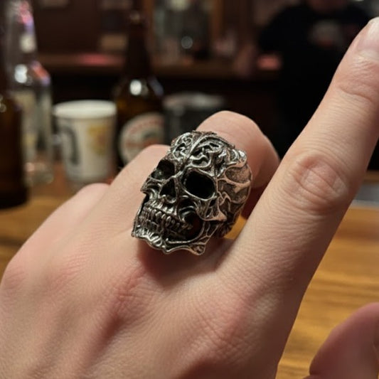 Intricate Gothic Biomechanics Skull Statement Ring, Punk Biker Jewelry - Size 10