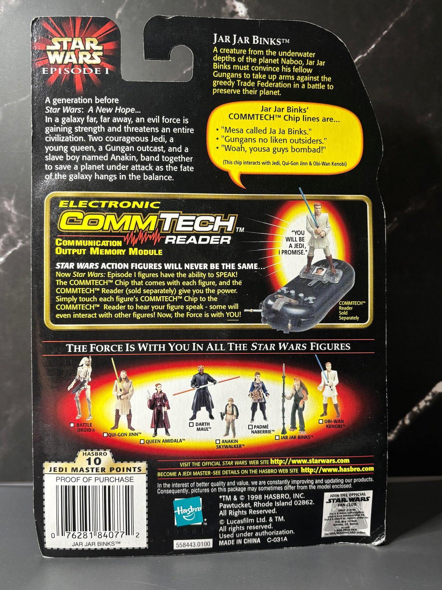 Star Wars Episode 1 Jar Jar Binks with Gungan Battle Staff Comm Tech Chip