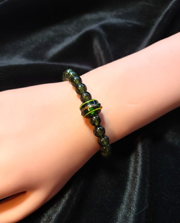 Handmade - Dark Green Glass Beaded Bracelet with Striped Centerpiece Bead