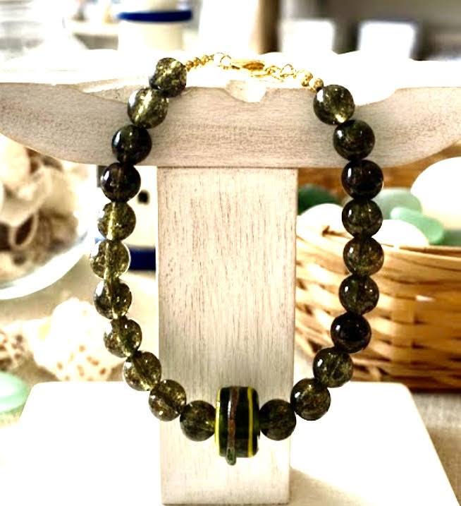 Handmade - Dark Green Glass Beaded Bracelet with Striped Centerpiece Bead