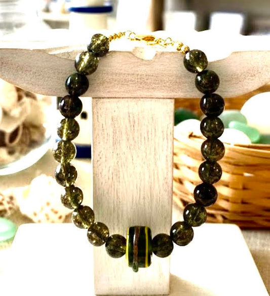 Handmade - Dark Green Glass Beaded Bracelet with Striped Centerpiece Bead