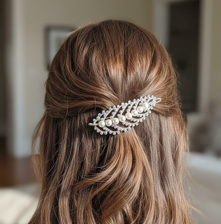 Silver Tone Leaf Shaped Hair Clip Adorned with Faux Pearls & Rhinestones