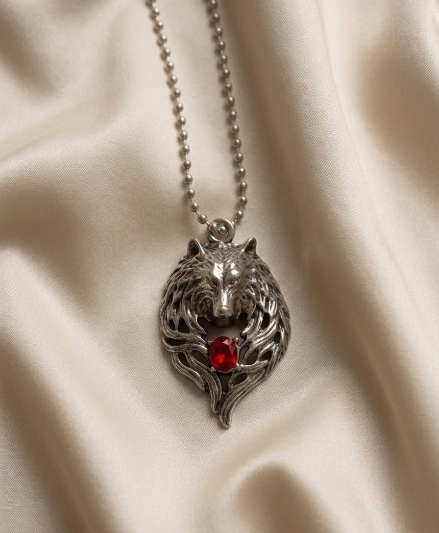 Necklace - Fenrir Viking Wolf Head - Stainless Steel Chain with Red Gem Medallion