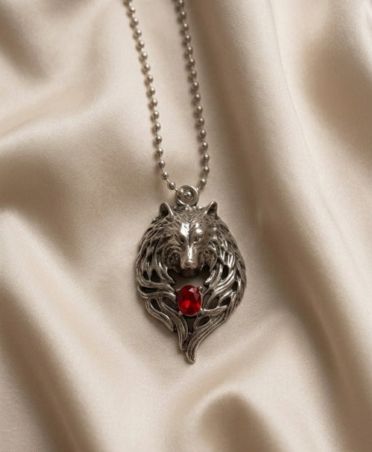 Necklace - Fenrir Viking Wolf Head - Stainless Steel Chain with Red Gem Medallion