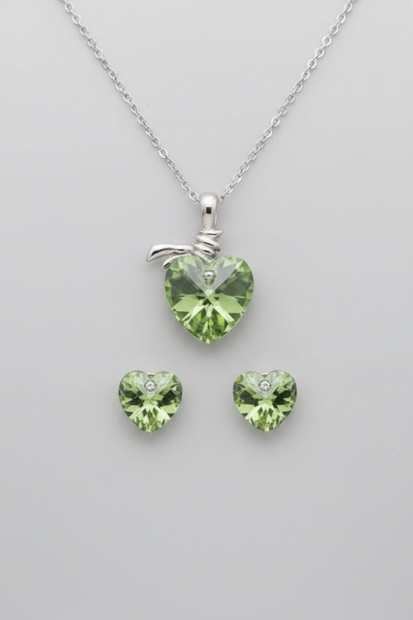 Green Crystal Heart Pendant Necklace and Earring Set