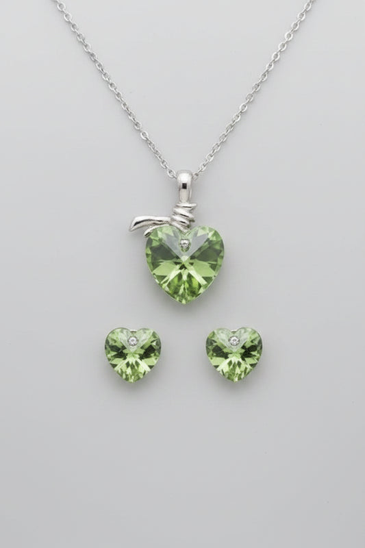Green Crystal Heart Pendant Necklace and Earring Set