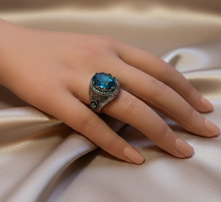 Exquisite Blue Topaz Men's Ring - Size 8.5