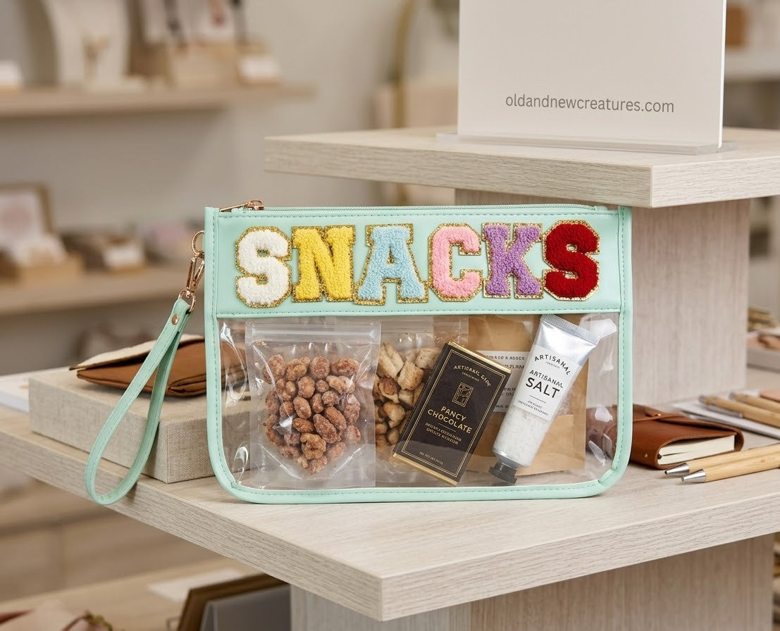 SNACKS Clear Pouch Chenille Varsity Letter Flat Travel Bag - Black or Green