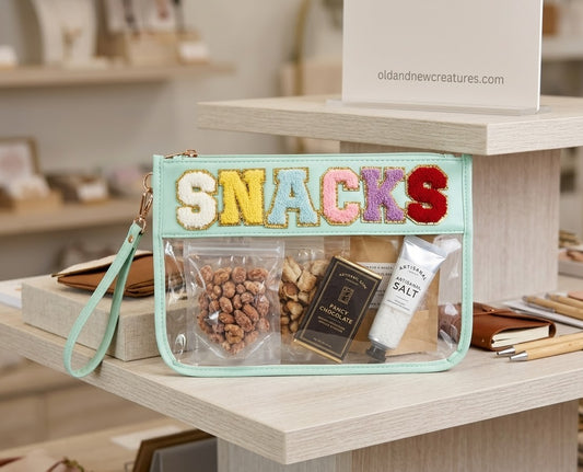 SNACKS Clear Pouch Chenille Varsity Letter Flat Travel Bag - Black or Green