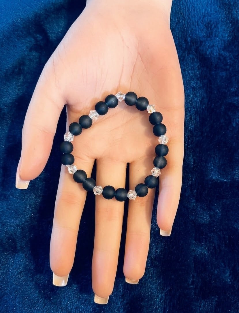 Handmade Stretch Matte Navy Blue & Clear Crystal Accent Beaded Bracelet