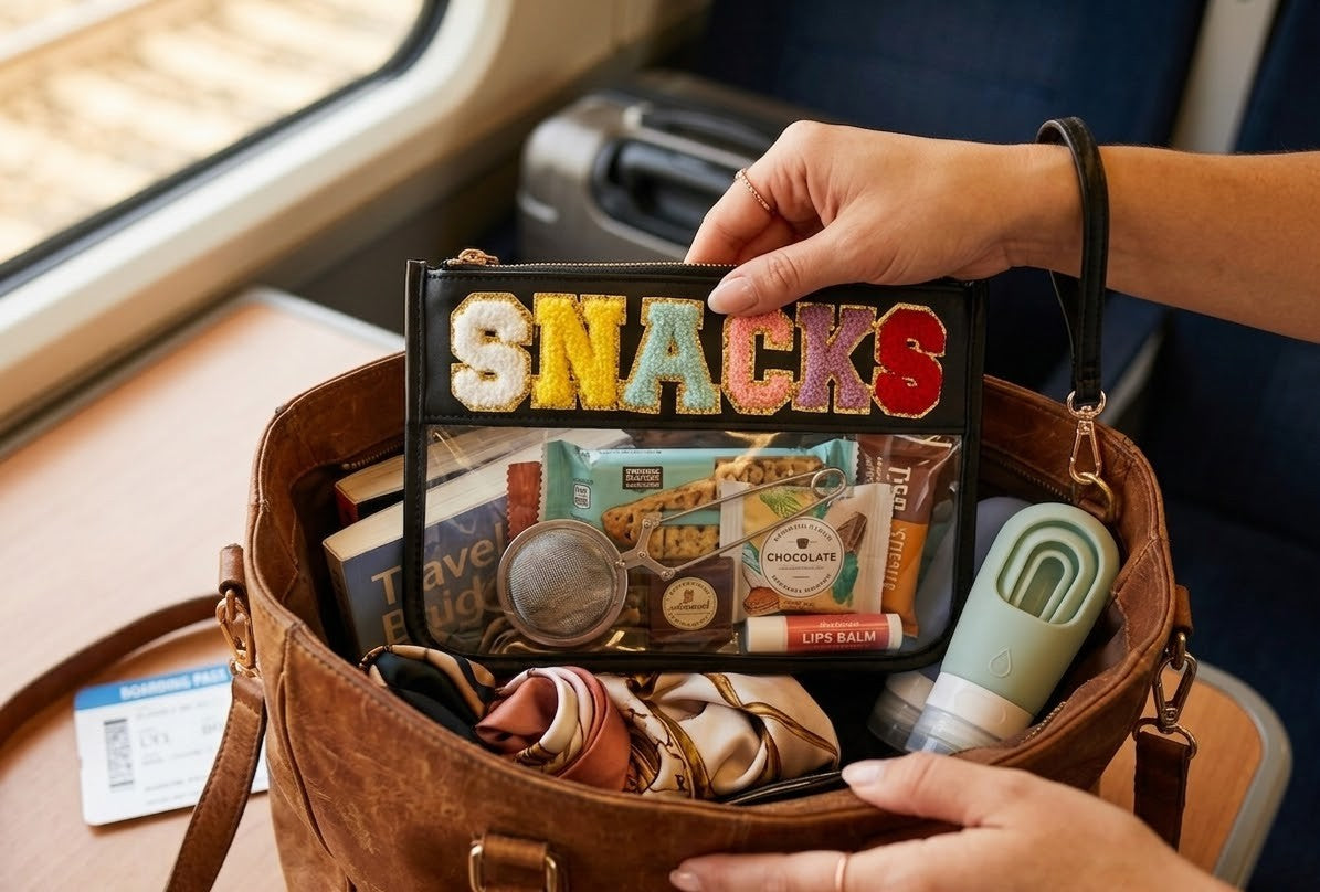 SNACKS Clear Pouch Chenille Varsity Letter Flat Travel Bag - Black or Green
