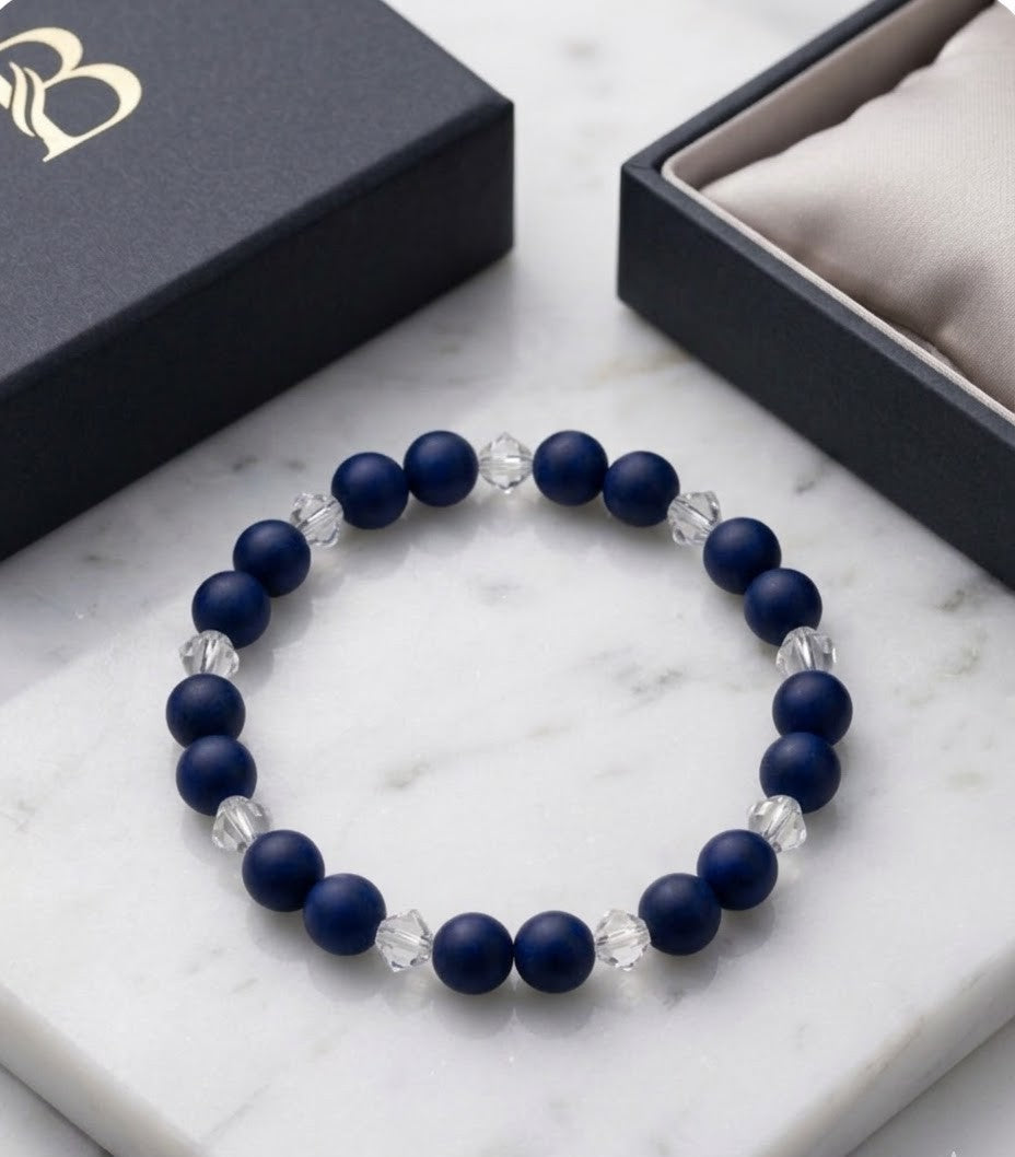 Handmade Stretch Matte Navy Blue & Clear Crystal Accent Beaded Bracelet